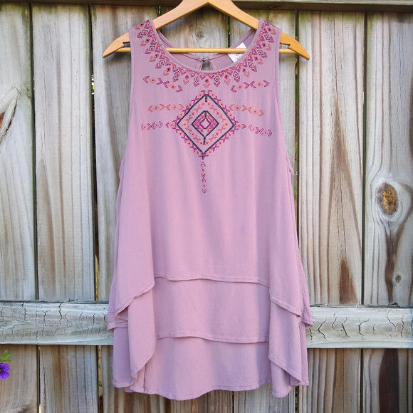 Knox Rose Tops - Knox Rose Embroidered Mauve Boho Sleeveless Top